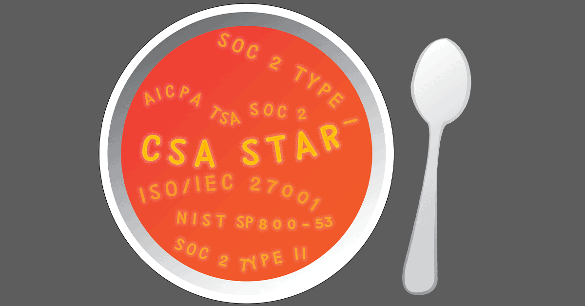 Bowl of alphabet soup with letters reading CSA STAR and other security standards