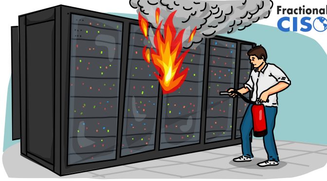 Server rack on fire with man pointing fire extinguisher at it.