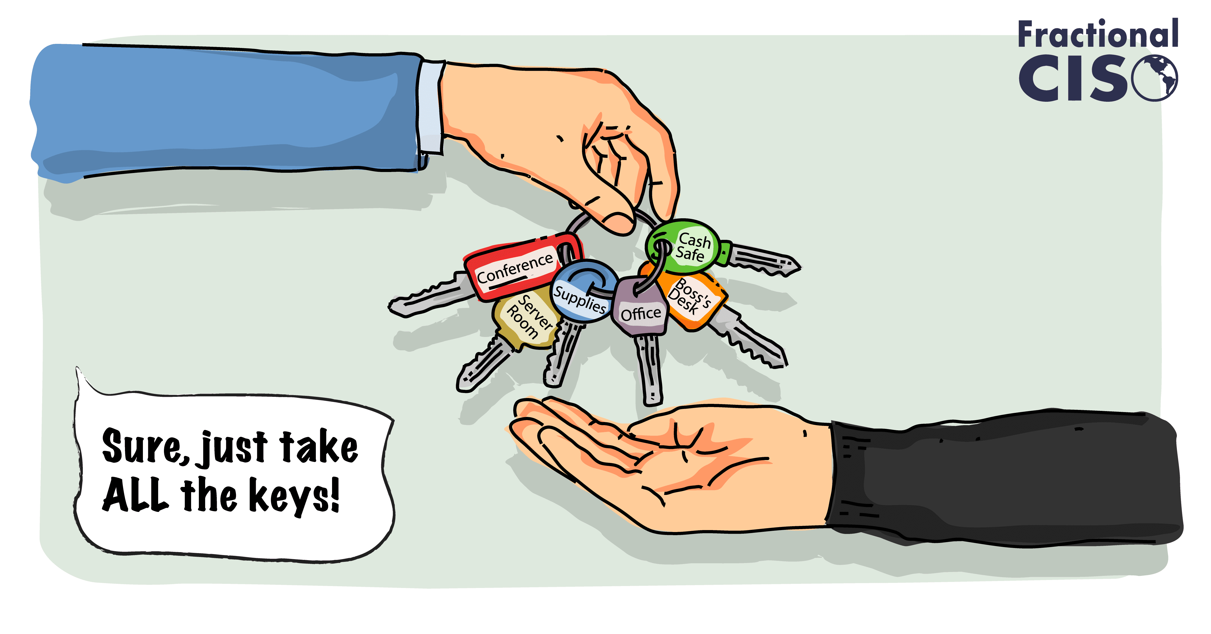 One hand dropping a full key ring into another, saying "Sure, just take all the keys!"